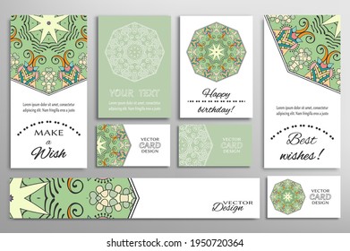 Big set of greeting Cards or wedding Invitations. Postcards template with inscription Make a Wish, Best Wishes, Happy Birthday. Banner, business cards with mandala ornament. Isolated design elements