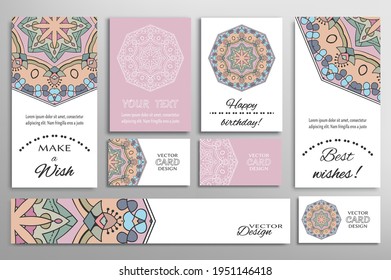 Big set of greeting Cards or wedding Invitations. Postcards template with inscription Make a Wish, Best Wishes, Happy Birthday. Banner, business cards with mandala ornament. Isolated design elements
