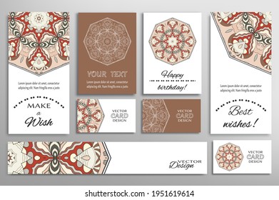 Big set of greeting Cards or wedding Invitations. Postcards template with inscription Make a Wish, Best Wishes, Happy Birthday. Banner, business cards with mandala ornament. Isolated design elements