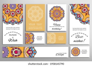 Big set of greeting Cards or wedding Invitations. Postcards template with inscription Make a Wish, Best Wishes, Happy Birthday. Banner, business cards with mandala ornament. Isolated design elements