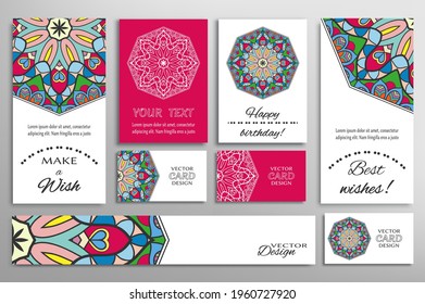 Große Auswahl an Grußkarten oder Hochzeitseinladungen. Postkarten-Vorlage mit Inschrift Machen Sie einen Wunsch, Beste Wünsche, Fröhlich Geburtstag. Banner, Visitenkarten mit Mandala-Ornament. Einzelne Design-Elemente