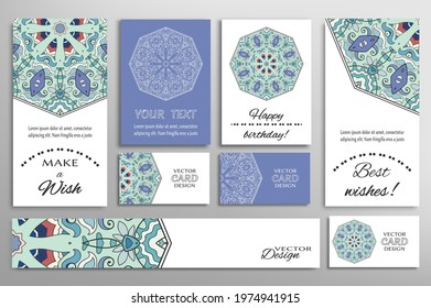 Big set of greeting Cards or wedding Invitations. Postcards template with inscription Make a Wish, Best Wishes, Happy Birthday. Banner, business cards with mandala ornament. Isolated design elements