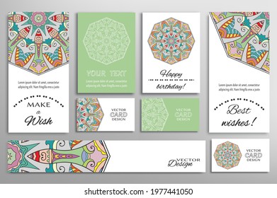 Big set of greeting Cards or wedding Invitations. Postcards template with inscription Make a Wish, Best Wishes, Happy Birthday. Banner, business cards with mandala ornament. Isolated design elements