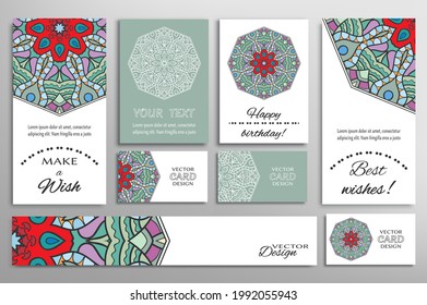 Big set of greeting Cards or wedding Invitations. Postcards template with inscription Make a Wish, Best Wishes, Happy Birthday. Banner, business cards with mandala ornament. Isolated design elements