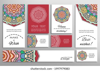 Big set of greeting Cards or wedding Invitations. Postcards template with inscription Make a Wish, Best Wishes, Happy Birthday. Banner, business cards with mandala ornament. Isolated design elements