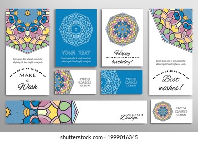 Big set of greeting Cards or wedding Invitations. Postcards template with inscription Make a Wish, Best Wishes, Happy Birthday. Banner, business cards with mandala ornament. Isolated design elements