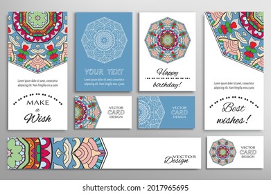 Big set of greeting Cards or wedding Invitations. Postcards template with inscription Make a Wish, Best Wishes, Happy Birthday. Banner, business cards with mandala ornament. Isolated design elements