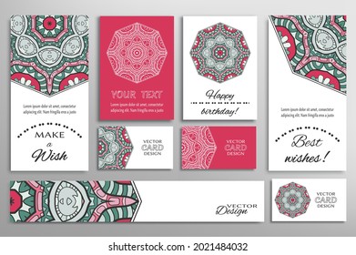 Big set of greeting Cards or wedding Invitations. Postcards template with inscription Make a Wish, Best Wishes, Happy Birthday. Banner, business cards with mandala ornament. Isolated design elements