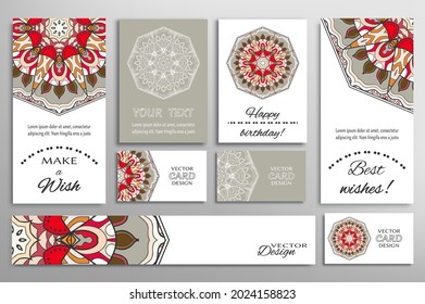 Big set of greeting Cards or wedding Invitations. Postcards template with inscription Make a Wish, Best Wishes, Happy Birthday. Banner, business cards with mandala ornament. Isolated design elements