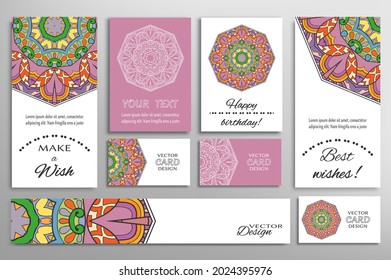 Big set of greeting Cards or wedding Invitations. Postcards template with inscription Make a Wish, Best Wishes, Happy Birthday. Banner, business cards with mandala ornament. Isolated design elements