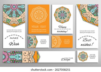 Big set of greeting Cards or wedding Invitations. Postcards template with inscription Make a Wish, Best Wishes, Happy Birthday. Banner, business cards with mandala ornament. Isolated design elements