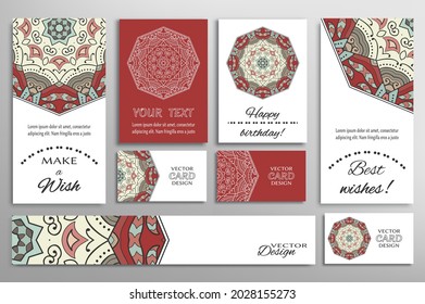 Big set of greeting Cards or wedding Invitations. Postcards template with inscription Make a Wish, Best Wishes, Happy Birthday. Banner, business cards with mandala ornament. Isolated design elements
