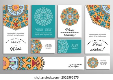 Big set of greeting Cards or wedding Invitations. Postcards template with inscription Make a Wish, Best Wishes, Happy Birthday. Banner, business cards with mandala ornament. Isolated design elements