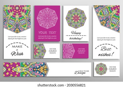 Big set of greeting Cards or wedding Invitations. Postcards template with inscription Make a Wish, Best Wishes, Happy Birthday. Banner, business cards with mandala ornament. Isolated design elements