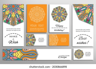 Big set of greeting Cards or wedding Invitations. Postcards template with inscription Make a Wish, Best Wishes, Happy Birthday. Banner, business cards with mandala ornament. Isolated design elements
