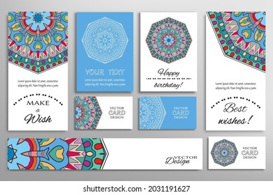 Big set of greeting Cards or wedding Invitations. Postcards template with inscription Make a Wish, Best Wishes, Happy Birthday. Banner, business cards with mandala ornament. Isolated design elements