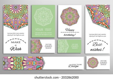 Big set of greeting Cards or wedding Invitations. Postcards template with inscription Make a Wish, Best Wishes, Happy Birthday. Banner, business cards with mandala ornament. Isolated design elements