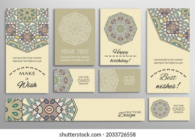 Big set of greeting Cards or wedding Invitations. Postcards template with inscription Make a Wish, Best Wishes, Happy Birthday. Banner, business cards with mandala ornament. Isolated design elements