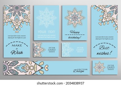 Big set of greeting Cards or wedding Invitations. Postcards template with inscription Make a Wish, Best Wishes, Happy Birthday. Banner, business cards with mandala ornament. Isolated design elements