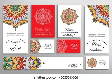 Big set of greeting Cards or wedding Invitations. Postcards template with inscription Make a Wish, Best Wishes, Happy Birthday. Banner, business cards with mandala ornament. Isolated design elements