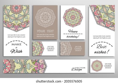 Big set of greeting Cards or wedding Invitations. Postcards template with inscription Make a Wish, Best Wishes, Happy Birthday. Banner, business cards with mandala ornament. Isolated design elements