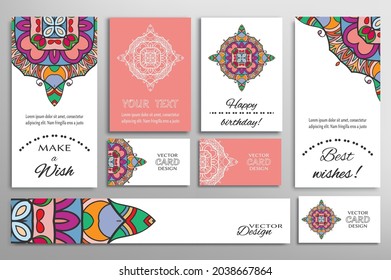Big set of greeting Cards or wedding Invitations. Postcards template with inscription Make a Wish, Best Wishes, Happy Birthday. Banner, business cards with mandala ornament. Isolated design elements