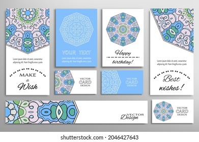 Big set of greeting Cards or wedding Invitations. Postcards template with inscription Make a Wish, Best Wishes, Happy Birthday. Banner, business cards with mandala ornament. Isolated design elements