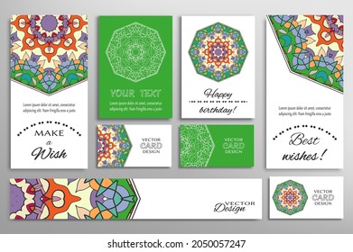 Big set of greeting Cards or wedding Invitations. Postcards template with inscription Make a Wish, Best Wishes, Happy Birthday. Banner, business cards with mandala ornament. Isolated design elements