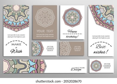 Big set of greeting Cards or wedding Invitations. Postcards template with inscription Make a Wish, Best Wishes, Happy Birthday. Banner, business cards with mandala ornament. Isolated design elements