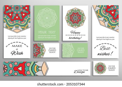 Big set of greeting Cards or wedding Invitations. Postcards template with inscription Make a Wish, Best Wishes, Happy Birthday. Banner, business cards with mandala ornament. Isolated design elements