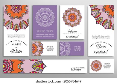 Big set of greeting Cards or wedding Invitations. Postcards template with inscription Make a Wish, Best Wishes, Happy Birthday. Banner, business cards with mandala ornament. Isolated design elements
