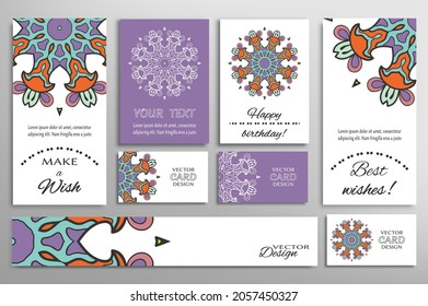 Big set of greeting Cards or wedding Invitations. Postcards template with inscription Make a Wish, Best Wishes, Happy Birthday. Banner, business cards with mandala ornament. Isolated design elements