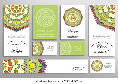 Big set of greeting Cards or wedding Invitations. Postcards template with inscription Make a Wish, Best Wishes, Happy Birthday. Banner, business cards with mandala ornament. Isolated design elements