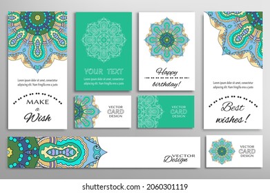 Big set of greeting Cards or wedding Invitations. Postcards template with inscription Make a Wish, Best Wishes, Happy Birthday. Banner, business cards with mandala ornament. Isolated design elements