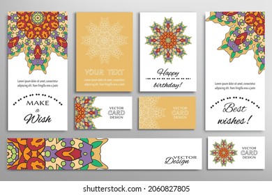 Big set of greeting Cards or wedding Invitations. Postcards template with inscription Make a Wish, Best Wishes, Happy Birthday. Banner, business cards with mandala ornament. Isolated design elements