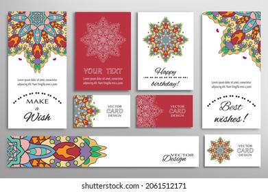 Big set of greeting Cards or wedding Invitations. Postcards template with inscription Make a Wish, Best Wishes, Happy Birthday. Banner, business cards with mandala ornament. Isolated design elements