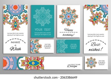 Big set of greeting Cards or wedding Invitations. Postcards template with inscription Make a Wish, Best Wishes, Happy Birthday. Banner, business cards with mandala ornament. Isolated design elements