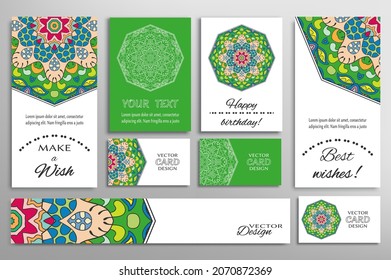Big set of greeting Cards or wedding Invitations. Postcards template with inscription Make a Wish, Best Wishes, Happy Birthday. Banner, business cards with mandala ornament. Isolated design elements