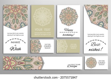 Big set of greeting Cards or wedding Invitations. Postcards template with inscription Make a Wish, Best Wishes, Happy Birthday. Banner, business cards with mandala ornament. Isolated design elements