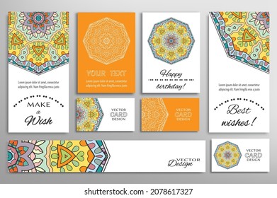 Big set of greeting Cards or wedding Invitations. Postcards template with inscription Make a Wish, Best Wishes, Happy Birthday. Banner, business cards with mandala ornament. Isolated design elements