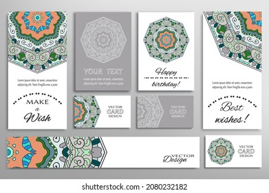 Big set of greeting Cards or wedding Invitations. Postcards template with inscription Make a Wish, Best Wishes, Happy Birthday. Banner, business cards with mandala ornament. Isolated design elements