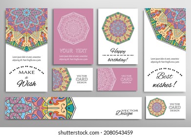 Big set of greeting Cards or wedding Invitations. Postcards template with inscription Make a Wish, Best Wishes, Happy Birthday. Banner, business cards with mandala ornament. Isolated design elements