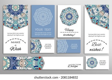 Big set of greeting Cards or wedding Invitations. Postcards template with inscription Make a Wish, Best Wishes, Happy Birthday. Banner, business cards with mandala ornament. Isolated design elements