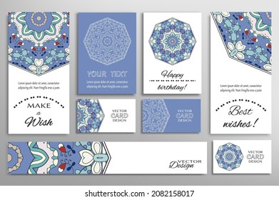 Big set of greeting Cards or wedding Invitations. Postcards template with inscription Make a Wish, Best Wishes, Happy Birthday. Banner, business cards with mandala ornament. Isolated design elements