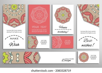 Big set of greeting Cards or wedding Invitations. Postcards template with inscription Make a Wish, Best Wishes, Happy Birthday. Banner, business cards with mandala ornament. Isolated design elements