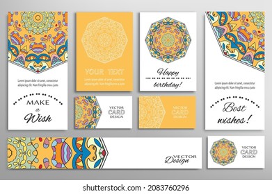 Big set of greeting Cards or wedding Invitations. Postcards template with inscription Make a Wish, Best Wishes, Happy Birthday. Banner, business cards with mandala ornament. Isolated design elements