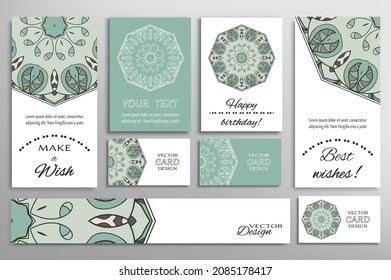 Big set of greeting Cards or wedding Invitations. Postcards template with inscription Make a Wish, Best Wishes, Happy Birthday. Banner, business cards with mandala ornament. Isolated design elements