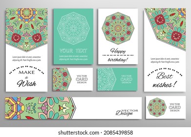 Big set of greeting Cards or wedding Invitations. Postcards template with inscription Make a Wish, Best Wishes, Happy Birthday. Banner, business cards with mandala ornament. Isolated design elements