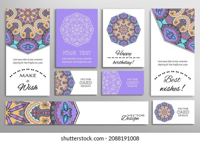 Big set of greeting Cards or wedding Invitations. Postcards template with inscription Make a Wish, Best Wishes, Happy Birthday. Banner, business cards with mandala ornament. Isolated design elements