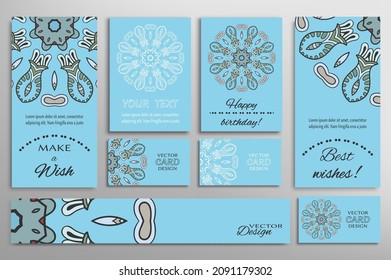 Big set of greeting Cards or wedding Invitations. Postcards template with inscription Make a Wish, Best Wishes, Happy Birthday. Banner, business cards with mandala ornament. Isolated design elements